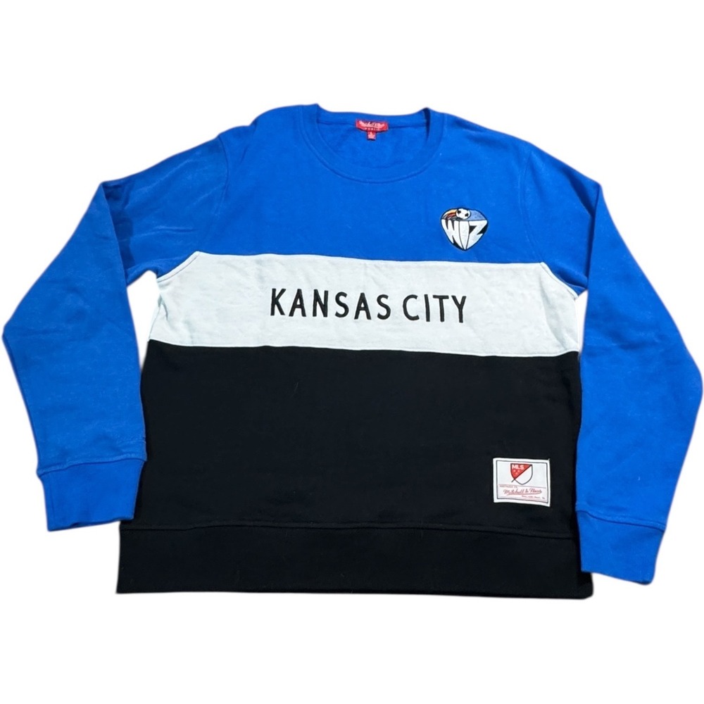Mitchell Ness Womens KC MLS Soccer Sweatshirt Crewneck‎ Blue Black White L